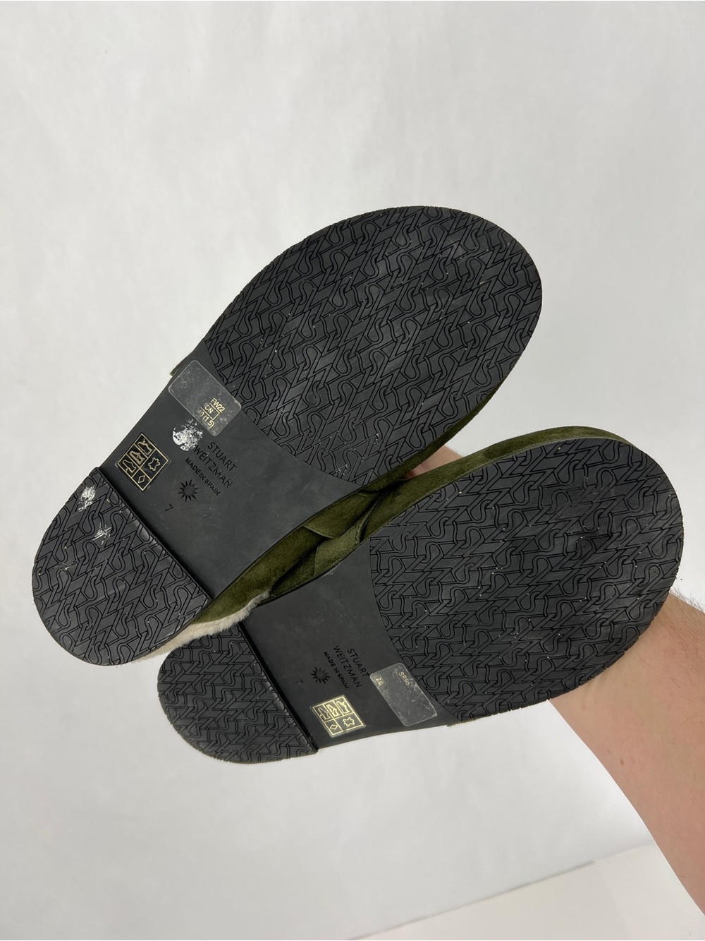 Stuart Weitzman Olive Green Suede Shearling-Trim Mules with Gold Ring - Picture 7 of 11